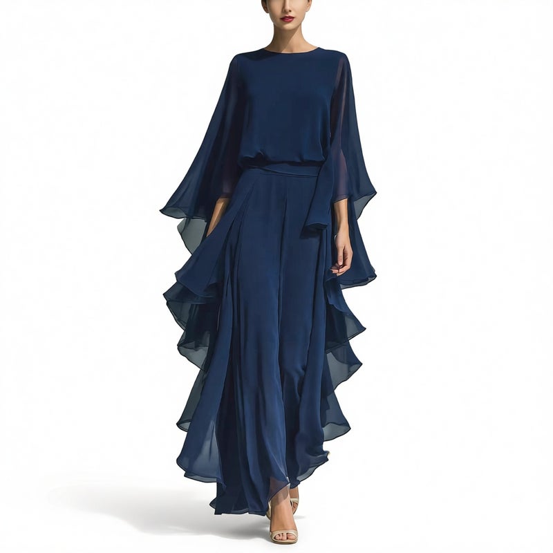 Women's Chiffon Blouse Flared Sleeve Straight Leg Pants Set with Ruffle Hem