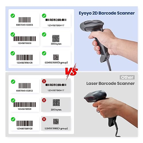 EYOYO ماسح الباركود اليدوي USB 2D من Eyoyo EYH2، ماسح QR تلقائي سلكي مع كابل USB طويل لنقاط البيع والدفع عبر الهاتف المحمول، متجر الراحة، السوبر ماركت، المستودع - Image 2