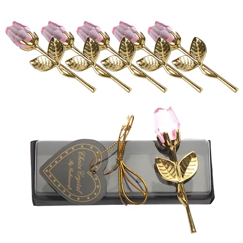 beyonday 5pcs Mini Glass Rose Flower with Box, Romantic Crystal Rose Gift for Wedding Souvenirs Anniversary Birthday New Year Mother's Day, Ideas for Mom Wife Sister Girlfriends(Gold-Pink) - Image 1