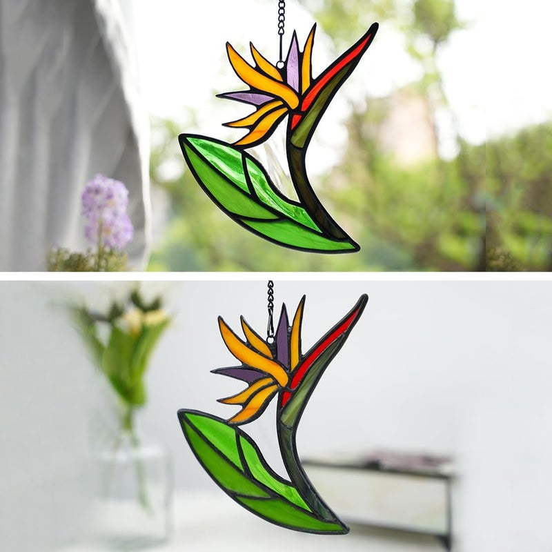 HAOSUM Bird of Paradise Flower Decor Stained Glass Suncatcher,Artificial Fake Flowers Gift for Women,Flowers Ornament Stained Glass Window Hangings,Housewarming Gifts for Mom Grandma - Image 1