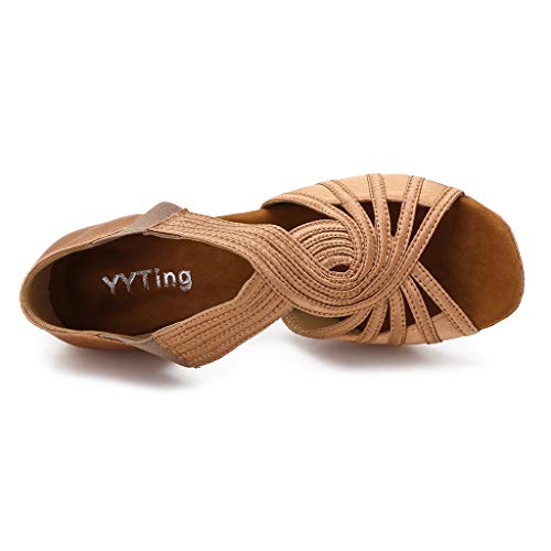 YYTing Ballroom Dance Shoes Women Latin Salsa Practice Dancer Shoes 2.5'' Heels YT02(8.5, Tan) - Image 4