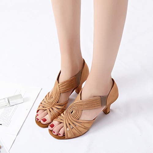 YYTing Ballroom Dance Shoes Women Latin Salsa Practice Dancer Shoes 2.5'' Heels YT02(8.5, Tan) - Image 3