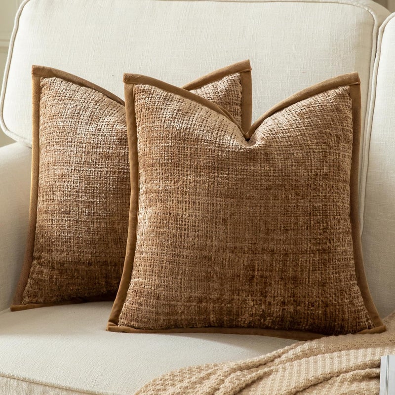Yaertun Pack of 2 Chenille Textured Decorative Throw Pillow Covers Accent Solid Cushion Cover Soft Cozy Pillow Case with Velvet Back for Couch Sofa Bed Living Room 16x16 Inch Light Brown - Image 1