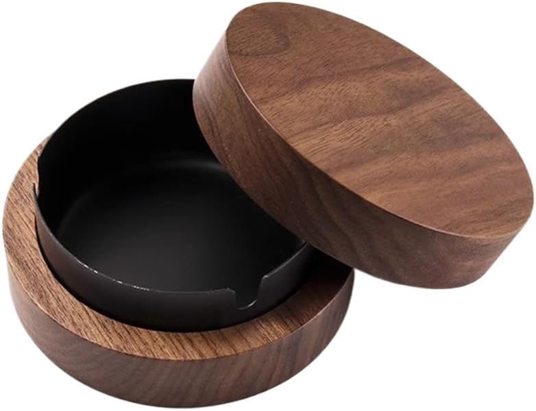 Ash Holder Walnut Wood Round Portable Detachable Stainless Steel Ashtray for Home Office etc(Black) - Image 1