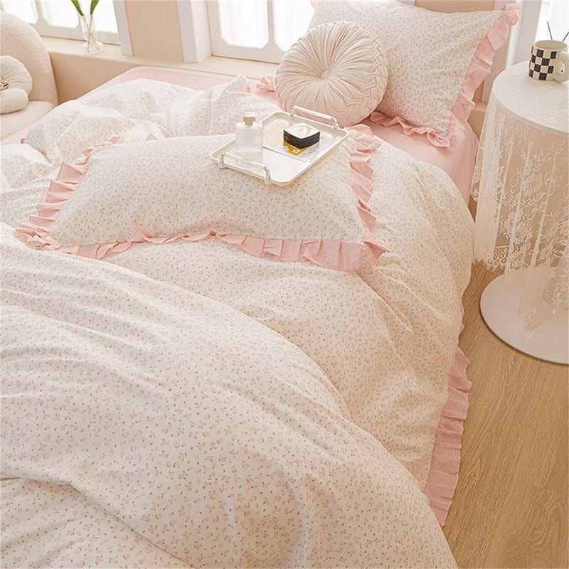 MKXI Full Size Small Floral Ruffle Comforter Set - 3 Piece Countryside Floral Comforter with Pillow Shams, Reversible White Pink Princess Bedroom Collection, Soft Aesthetic Bedding Set for Teen Girls - Image 5