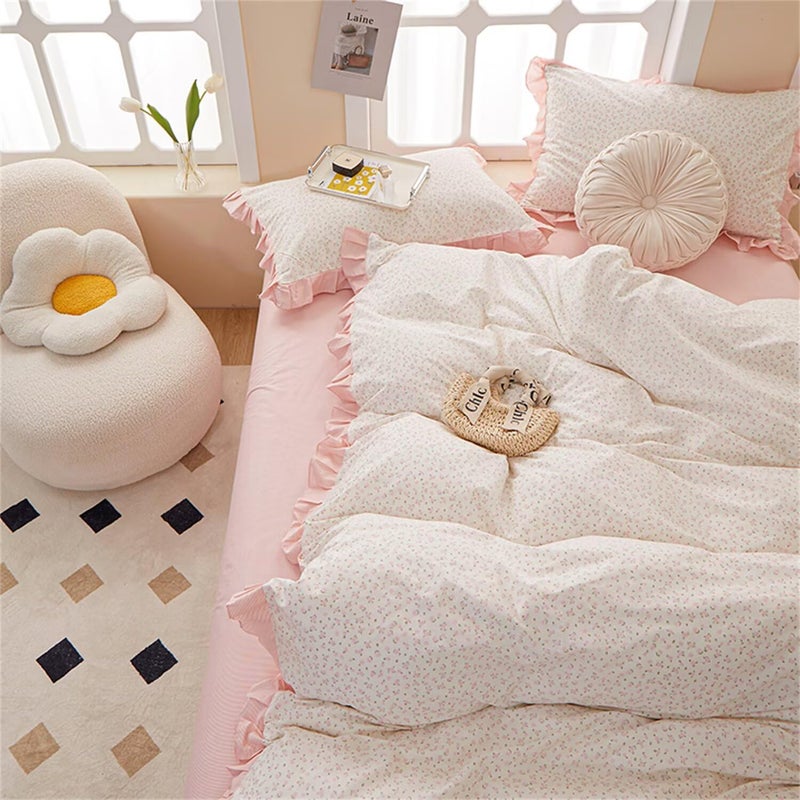 MKXI Full Size Small Floral Ruffle Comforter Set - 3 Piece Countryside Floral Comforter with Pillow Shams, Reversible White Pink Princess Bedroom Collection, Soft Aesthetic Bedding Set for Teen Girls - Image 4