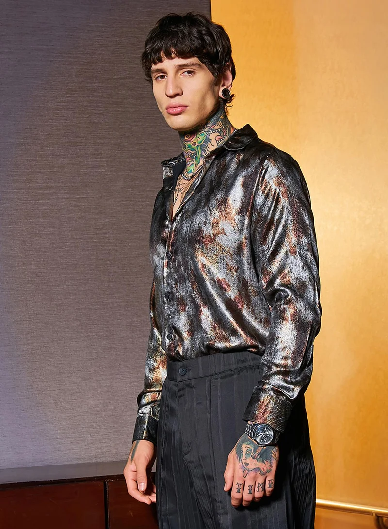 Campus Sutra Men's Chocolate Brown & Coin Grey Metallic-Pigment Shirt