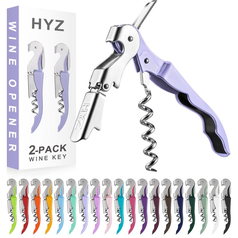 Hyz 2-Pack Wine Opener Waiter Corkscrew  Professional Wine Key For Servers  Bartender With Foil Cutter  Manual Wine Bottle Opener Double Hinged (Lavender) - Image 1
