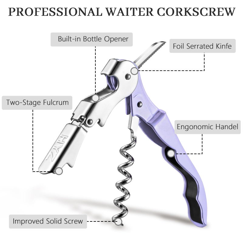 Hyz 2-Pack Wine Opener Waiter Corkscrew  Professional Wine Key For Servers  Bartender With Foil Cutter  Manual Wine Bottle Opener Double Hinged (Lavender) - Image 2