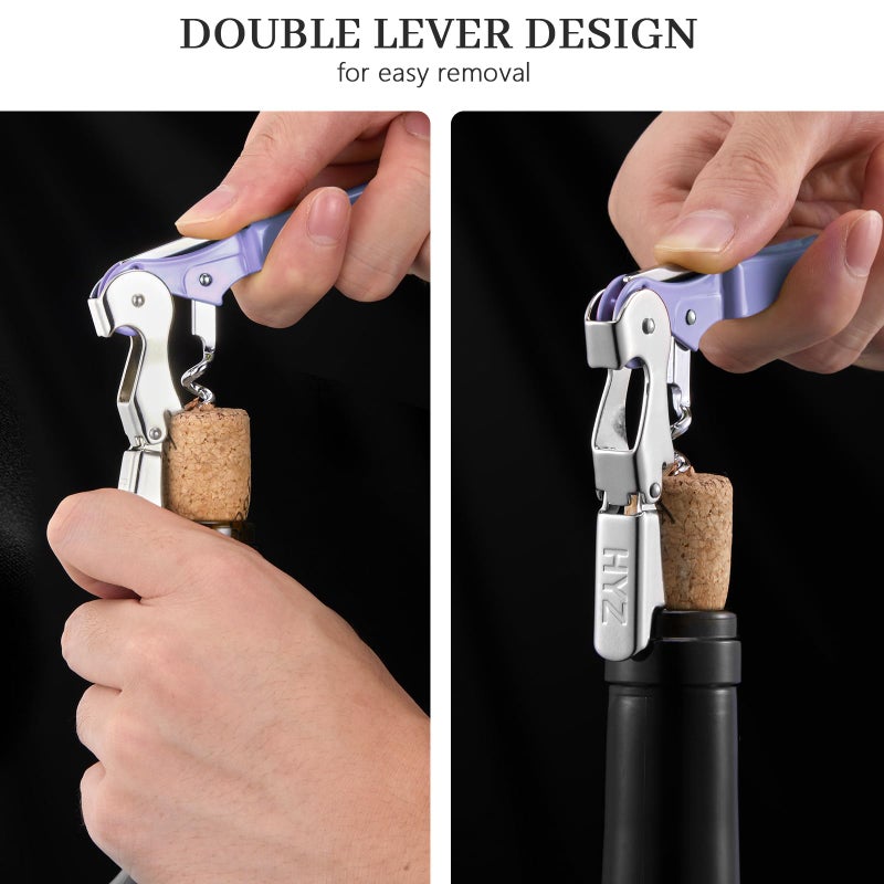 Hyz 2-Pack Wine Opener Waiter Corkscrew  Professional Wine Key For Servers  Bartender With Foil Cutter  Manual Wine Bottle Opener Double Hinged (Lavender) - Image 4
