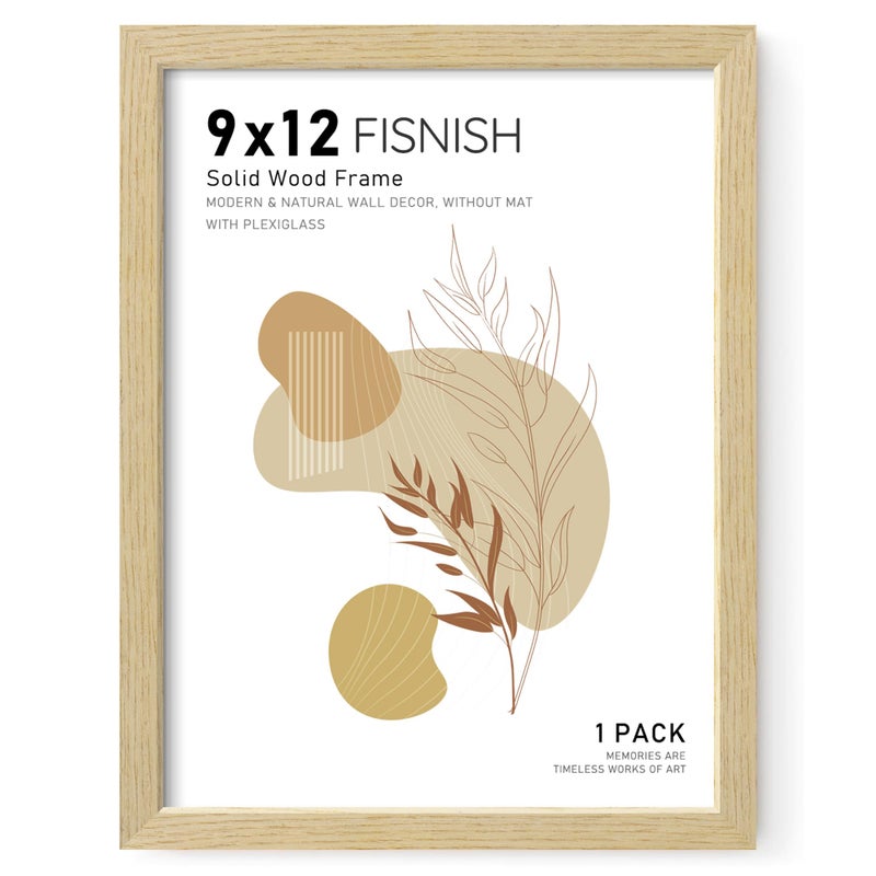 Fisnish 9x12 Picture Frame, Natural Solid Wooden Picture Frames, Display 9x12 Photos without Mat, Horizontal or Vertical Wall Mounting, Oak Wood Grain, 1 Pack - Image 1
