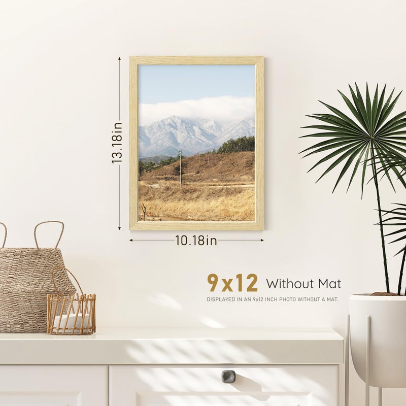 Fisnish 9x12 Picture Frame, Natural Solid Wooden Picture Frames, Display 9x12 Photos without Mat, Horizontal or Vertical Wall Mounting, Oak Wood Grain, 1 Pack - Image 3