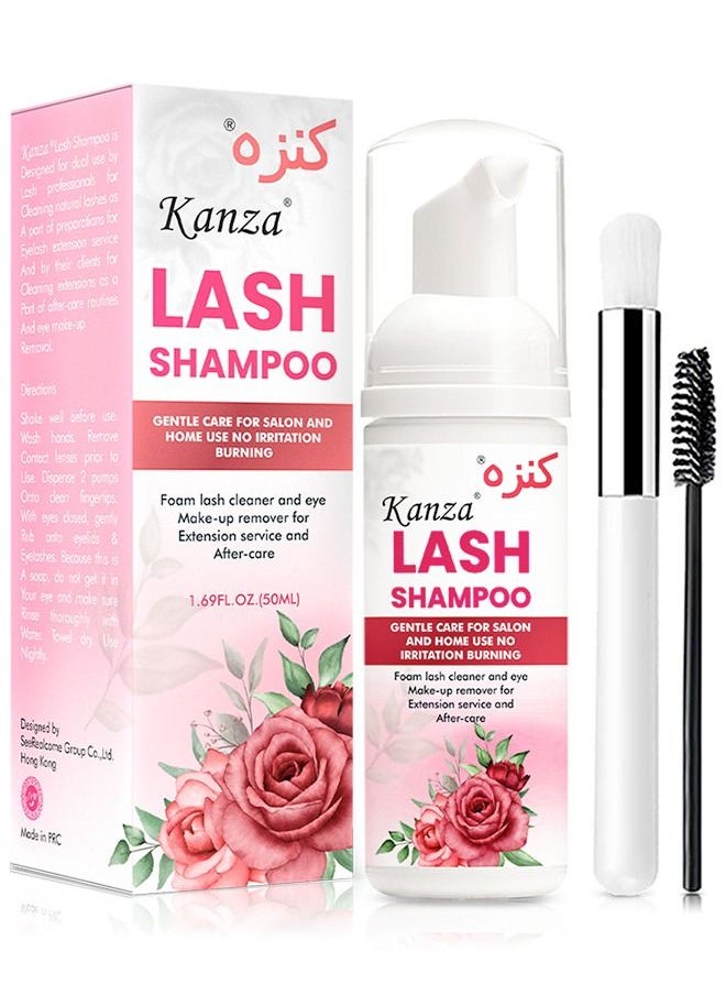 Kanza - 50ml Eyelash Extension Shampoo Upgraded Lash Extension Cleanser with Mascara Wand Brush Eyelash Foam Cleanser for Extensions and Natural Lashes Paraben Sulfate Free Salon and Home Use Eyelash Shampoo - Image 1