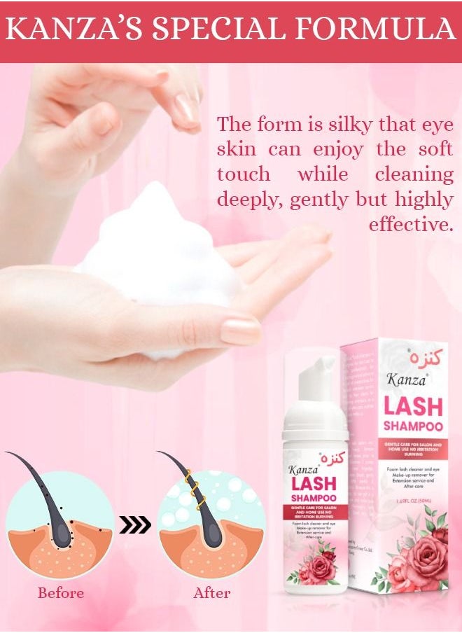 Kanza - 50ml Eyelash Extension Shampoo Upgraded Lash Extension Cleanser with Mascara Wand Brush Eyelash Foam Cleanser for Extensions and Natural Lashes Paraben Sulfate Free Salon and Home Use Eyelash Shampoo - Image 1