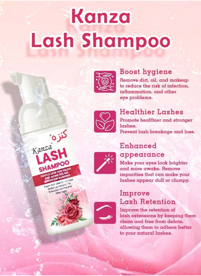 Kanza - 50ml Eyelash Extension Shampoo Upgraded Lash Extension Cleanser with Mascara Wand Brush Eyelash Foam Cleanser for Extensions and Natural Lashes Paraben Sulfate Free Salon and Home Use Eyelash Shampoo - Image 1