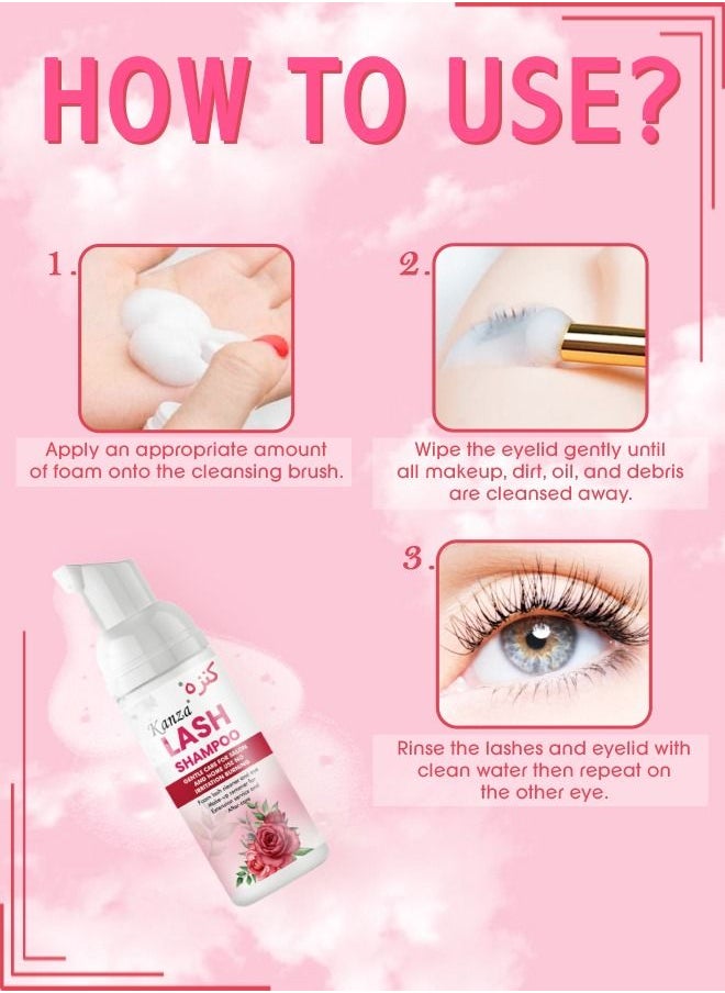 Kanza - 50ml Eyelash Extension Shampoo Upgraded Lash Extension Cleanser with Mascara Wand Brush Eyelash Foam Cleanser for Extensions and Natural Lashes Paraben Sulfate Free Salon and Home Use Eyelash Shampoo - Image 1
