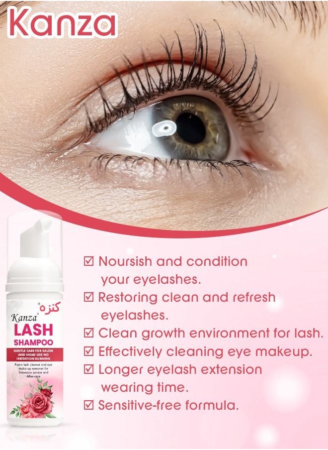 Kanza - 50ml Eyelash Extension Shampoo Upgraded Lash Extension Cleanser with Mascara Wand Brush Eyelash Foam Cleanser for Extensions and Natural Lashes Paraben Sulfate Free Salon and Home Use Eyelash Shampoo - Image 1