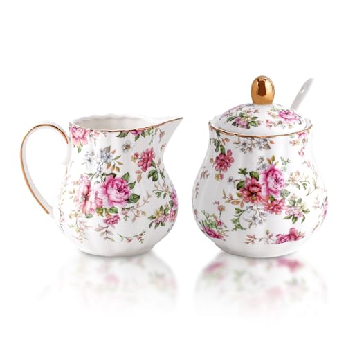 Agyiuns Ceramic Sugar and Creamer Set 3 Piece Set with Cream Pitcher Sugar Bowl Sugar Set with Lid and Spoon White with flower - Image 1