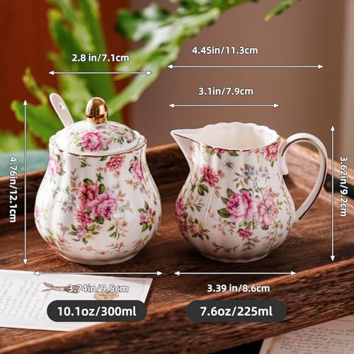Agyiuns Ceramic Sugar and Creamer Set 3 Piece Set with Cream Pitcher Sugar Bowl Sugar Set with Lid and Spoon White with flower - Image 3