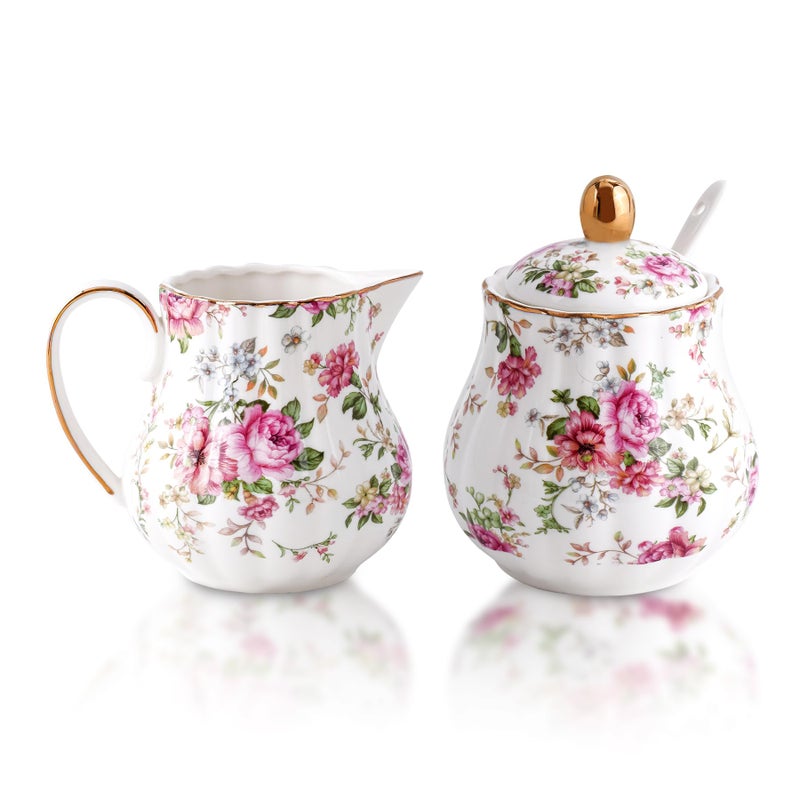 Agyiuns Ceramic Sugar and Creamer Set 3 Piece Set with Cream Pitcher Sugar Bowl Sugar Set with Lid and Spoon White with flower - Image 2