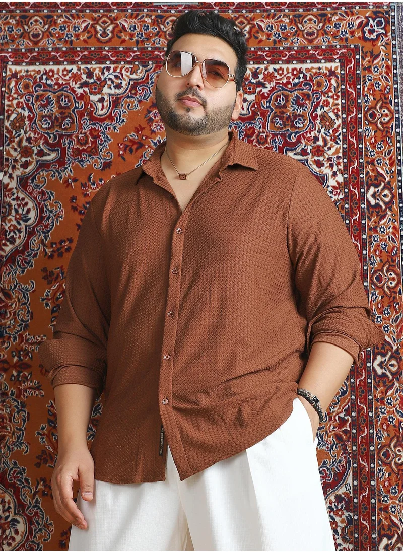 انستافاب بلس Instafab Plus Men's Chocolate Brown Gridveil-Tactile Shirt For Casual Wear | Spread Collar | Long Cuffed Sleeves | Button Closure | Plus Size Shirt Crafted With Comfort Fit For Everyday Wear