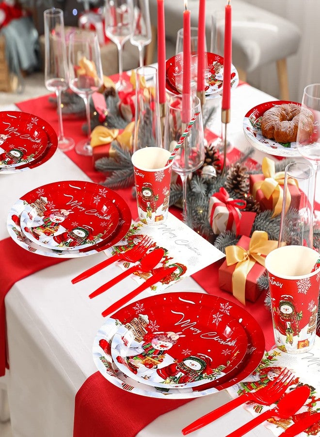 FunnyPars Christmas Snowman Party Supplies Serve 25, Xmas Snowman Plates and Napkins Set, Disposable Paper Plates Napkins Cups Knives Spoons Forks for Merry Christmas Winter Holiday Party Decorations - Image 5