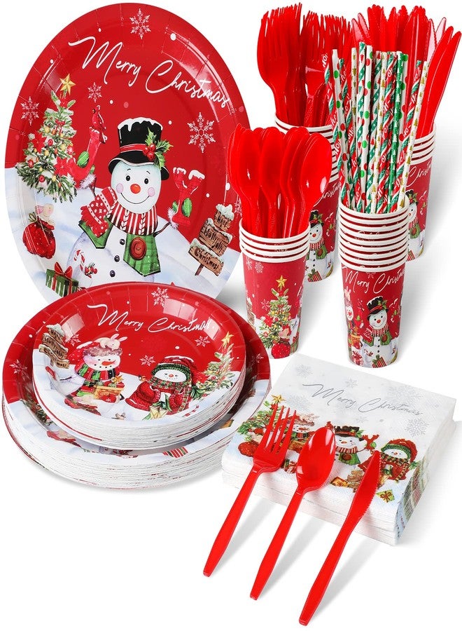 FunnyPars Christmas Snowman Party Supplies Serve 25, Xmas Snowman Plates and Napkins Set, Disposable Paper Plates Napkins Cups Knives Spoons Forks for Merry Christmas Winter Holiday Party Decorations - Image 1