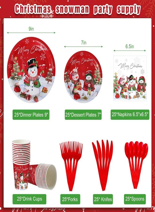 FunnyPars Christmas Snowman Party Supplies Serve 25, Xmas Snowman Plates and Napkins Set, Disposable Paper Plates Napkins Cups Knives Spoons Forks for Merry Christmas Winter Holiday Party Decorations - Image 2