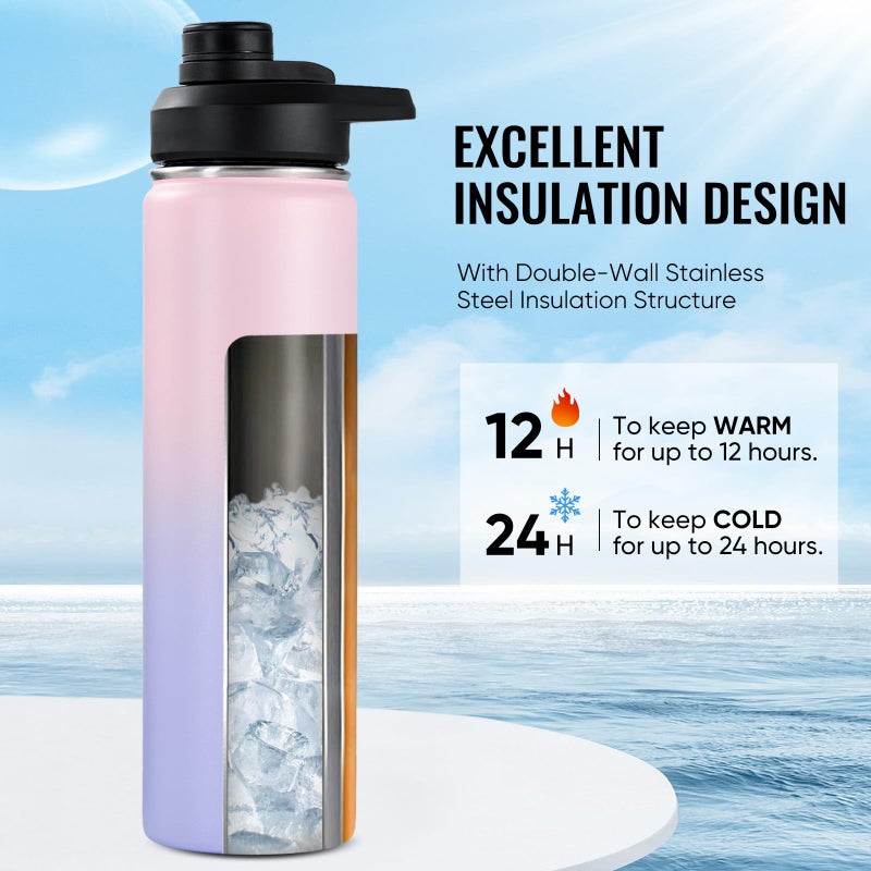 Fijinhom 24 oz Insulated Water Bottle with Handle, 309 Stainless Steel Water Bottles with Wide Mouth, Double Wall Vacuum Sports Water Bottle, BPA Free, Keep Cold and Hot, Pink/Purple - Image 3