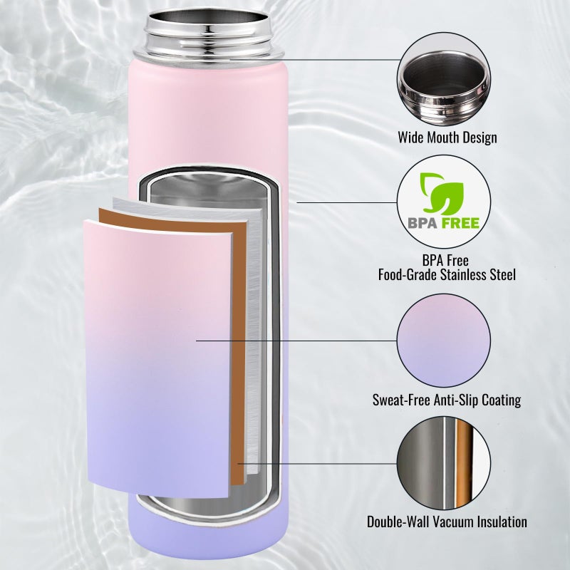 Fijinhom 24 oz Insulated Water Bottle with Handle, 309 Stainless Steel Water Bottles with Wide Mouth, Double Wall Vacuum Sports Water Bottle, BPA Free, Keep Cold and Hot, Pink/Purple - Image 2