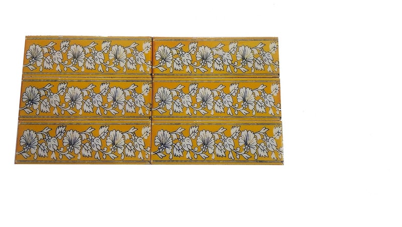 Shiv Kripa Blue Pottery Home Decor Wall Mural Mosaic Tiles Ceramic Handmade Wall Decorative Tiles 2 x 6 Inch Set of 6 2 X 6 Yellow