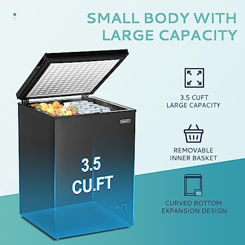 EUHOMY 3.5 Cu.Ft Chest Freezer with Removable Basket, Small Deep Freezer Adjustable 7 Thermostat, Quiet Mini Freezer Free-Standing Top Door, Energy Saving for Apartment/Garage/Basement/Dorm/Home,Black - Image 2
