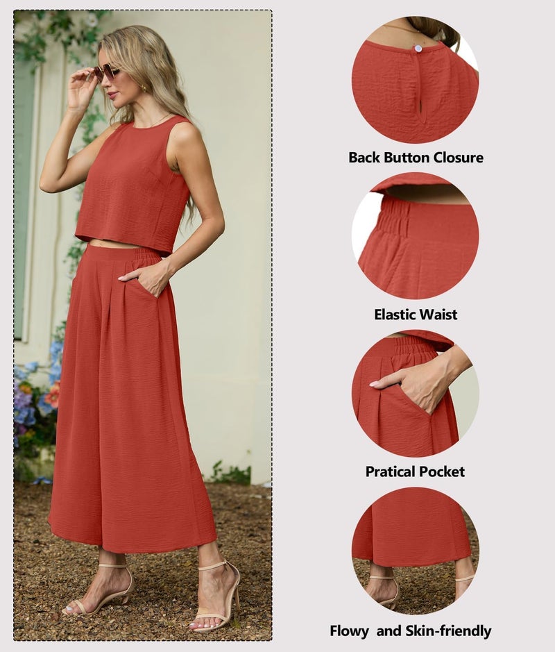 Lepunuo Women's Summer 2 Piece Outfits Crop Sleeveless Top and Cozy Wide Leg Pants Matching Set Lounge Summer Trendy Clothes - Image 1