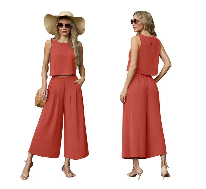 Lepunuo Women's Summer 2 Piece Outfits Crop Sleeveless Top and Cozy Wide Leg Pants Matching Set Lounge Summer Trendy Clothes - Image 4