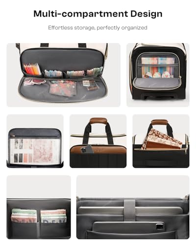 Arcoyard Rolling Craft Bag with Wheels, All-in-One Rolling Scrapbook Tote No Installation Required, Rolling Teacher Bag Fits 16” Laptop, Art bags for supplies for DIY, Sewing, Scrapbooking Supplies,Beige Brown - Image 5