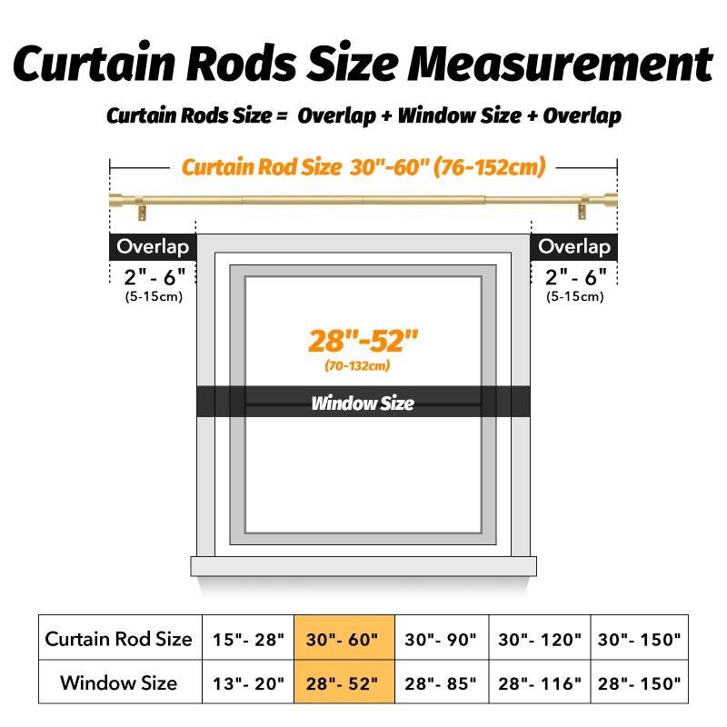 GEEBOBO 2 Pack Gold Curtain Rods for Windows 28 to 48 Inch, 1 Inch Adjustable Heavy Duty Easy Install Curtain Rods Set for Outdoor, Patio, Farmhouse, Bedroom, Living Room (Gold,30"-60",2 Pack) - Image 5