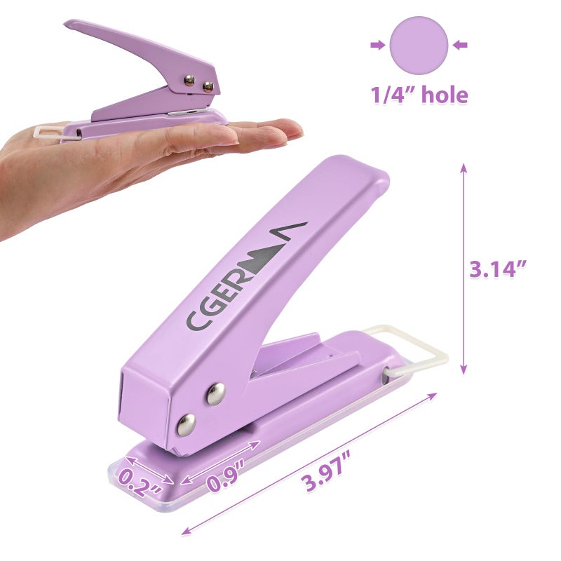 Cgerma Single Hole Puncher, 1/4" Hole, 50% Labor Savings, Heavy Duty Metal Punch, 15 Sheet Capacity, for ID Cards, Chipboard, Art Project, Crafts Easy Punching, Purple - Image 5