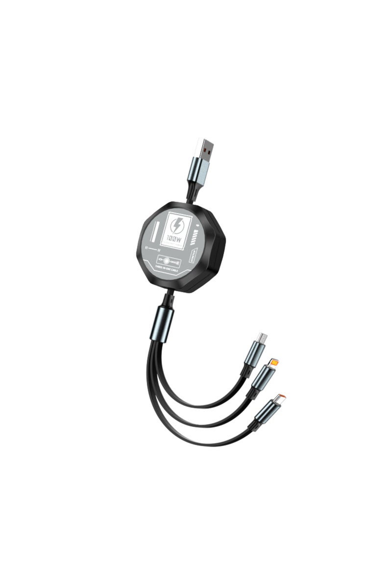 1.2m black 3 In 1 Retractable USB 100W Cable Fast Charging And Data Micro USB Type C For iphone6-14