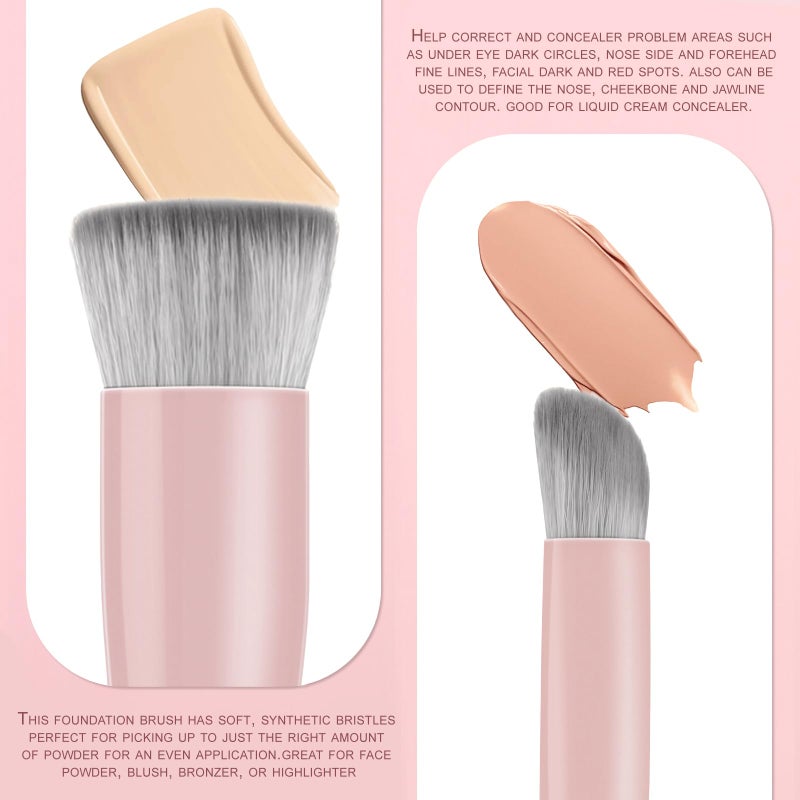 KINGMAS Foundation Makeup Brushes, Flat Top Kabuki Concealer Brush Under Eye Nose Contour Brush for Liquid Cream Powder Blending Buffing (Pink) - Image 3