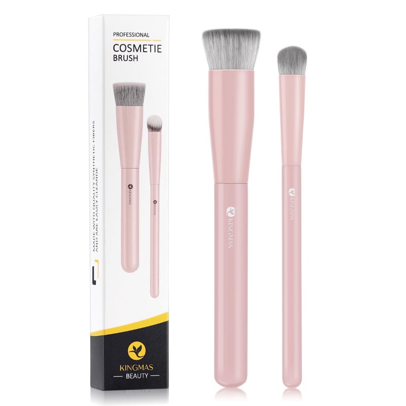 KINGMAS Foundation Makeup Brushes, Flat Top Kabuki Concealer Brush Under Eye Nose Contour Brush for Liquid Cream Powder Blending Buffing (Pink) - Image 1