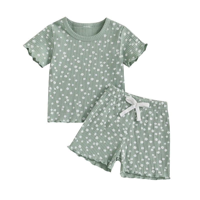 allshope أزياء صيفية للبنات الصغيرات من allshope تي شيرت قصير الأكمام مجموعة شورتات كاجوال ملابس للأطفال الرضع حديثي الولادة 6 12 18 24 شهر (أخضر مزهر، 18-24 شهر) - Image 1