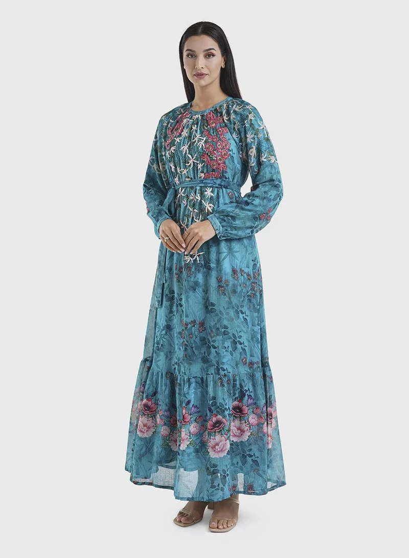 KASHKHA  Chiffon Teal Floral Digital Print Long Dress (VDE367) for Women | Best Price UAE