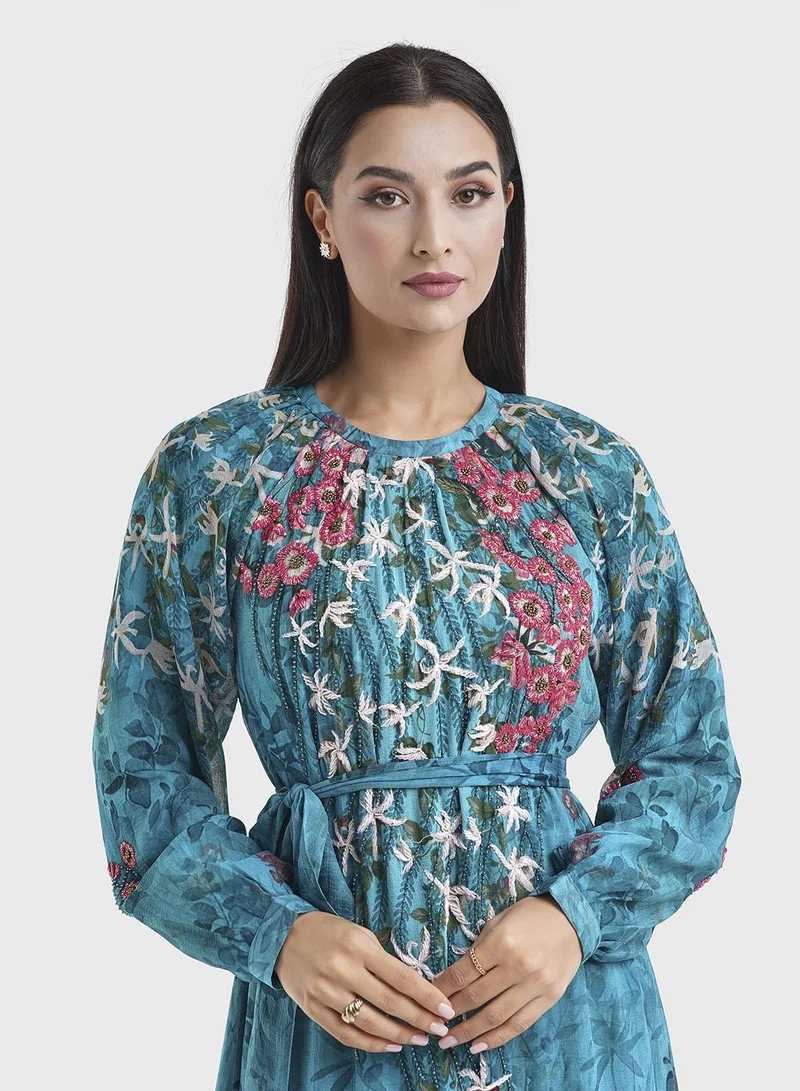 KASHKHA Chiffon Teal Floral Digital Print Long Dress (VDE367)