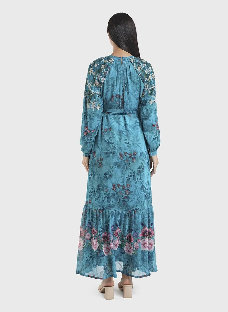 KASHKHA  Chiffon Teal Floral Digital Print Long Dress (VDE367) for Women | Best Price UAE