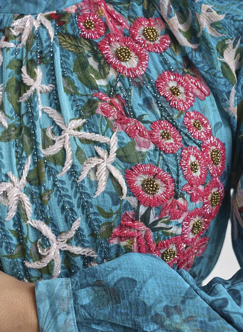 KASHKHA  Chiffon Teal Floral Digital Print Long Dress (VDE367) for Women | Best Price UAE