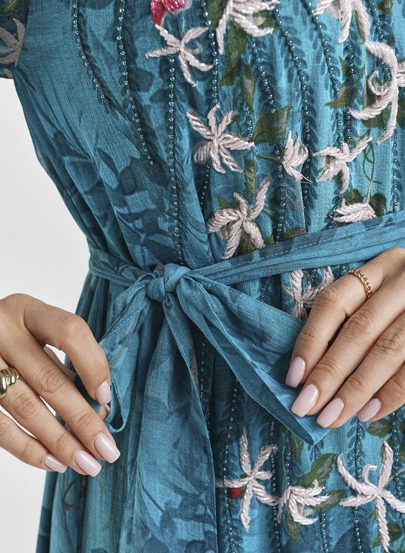 KASHKHA  Chiffon Teal Floral Digital Print Long Dress (VDE367) for Women | Best Price UAE