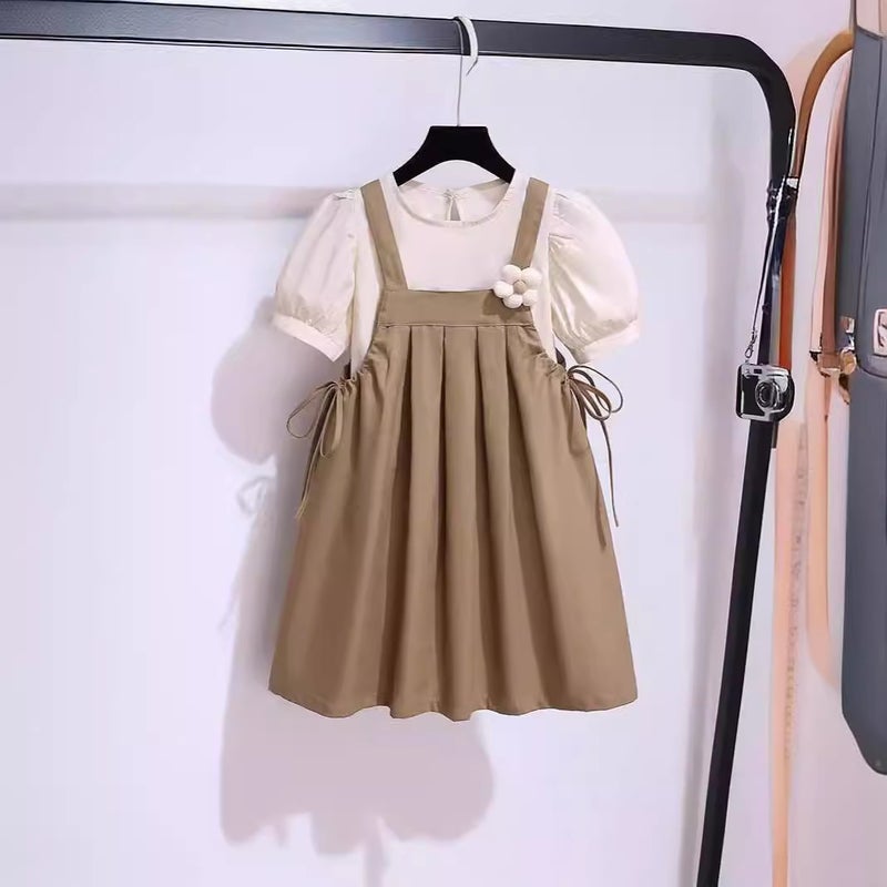 Girls Summer Short-sleeved T-shirt Skirt with Suspender suit 2024 New Style Fashionable Western Style Two-piece Set for Children Brown