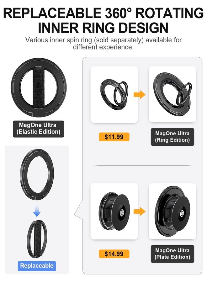 EWA MagOne Ultra لحامل الهاتف مع ماغسيف [حلقة إصبع مرنة قابلة للاستبدال]، حامل حلقة ماغ سيف، ملحقات هاتف مغناطيسية مزدوجة الجانب لهواتف آيفون 17،16،15،14،13،12 برو/ماكس/بلس - أسود - Image 5