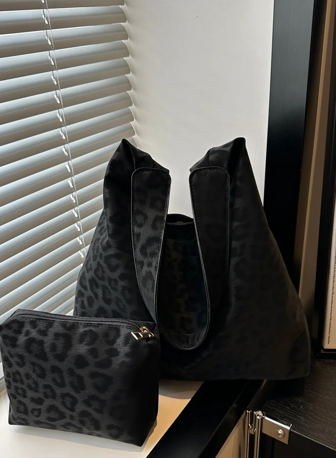 Take Two Black Leopard Print Shoulder Bag with Matching Pouch