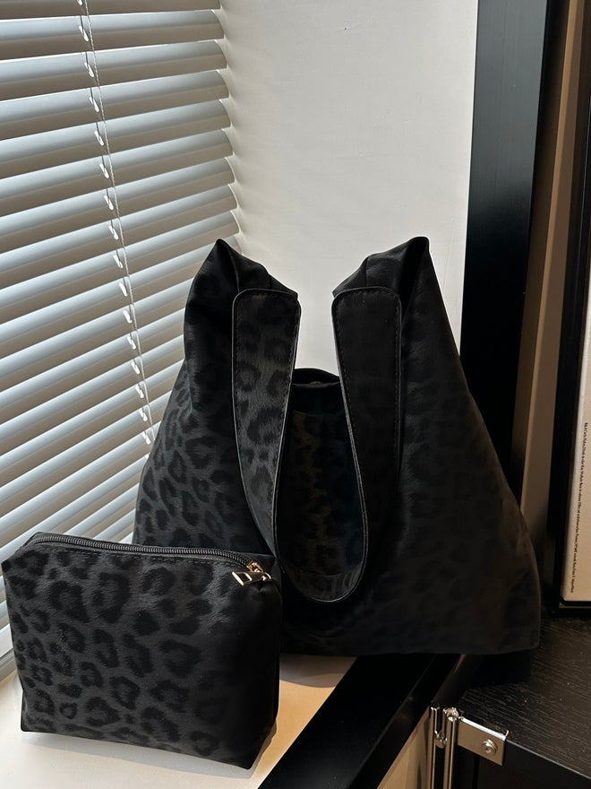 Take Two Black Leopard Print Shoulder Bag with Matching Pouch - Image 1